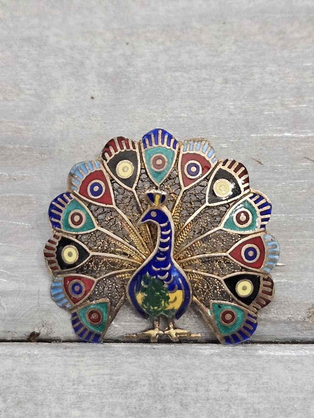 Vintage Vermeil Sterling Enamel Peacock Brooch 5.2g
